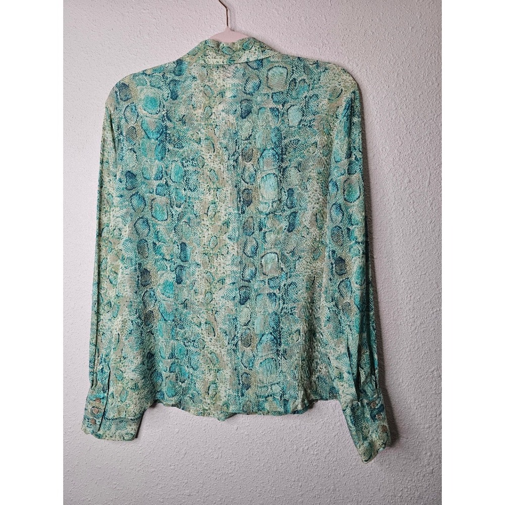 Talbots Pure Silk Snakeskin Print Blouse Teal Green Animal Print Button Down 12 - Picture 6 of 7